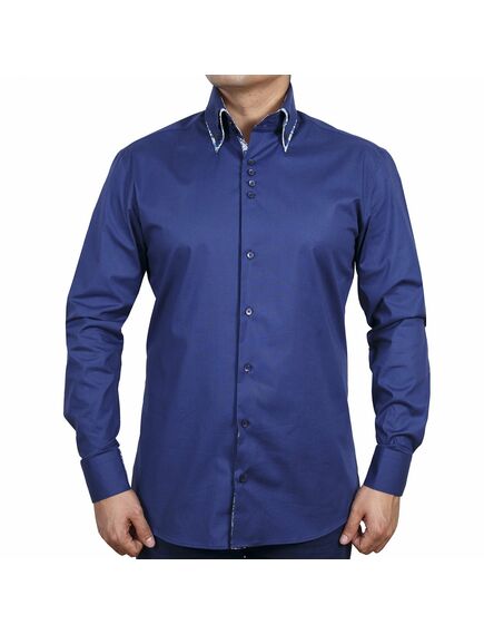 Мужская рубашка приталенная под пуговицы с двойным воротом синяя - 51119 от DoubleCuff 