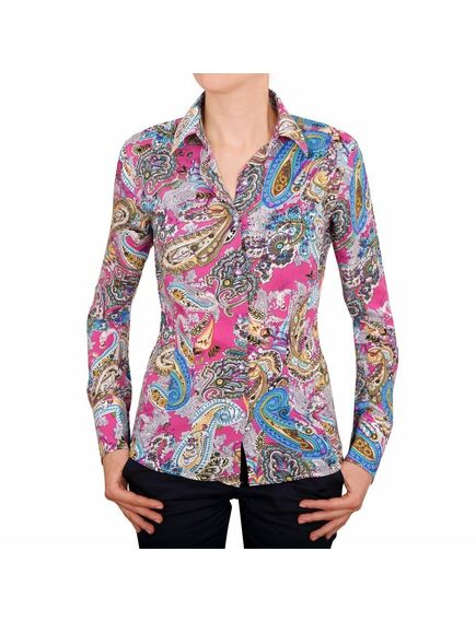Приталенная женская рубашка под пуговицы с узором пейсли розовая - 5039 от DoubleCuff 