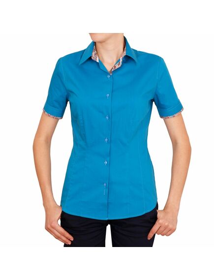 Приталенная женская рубашка с коротким рукавом голубая со вставками - 5047 от DoubleCuff 