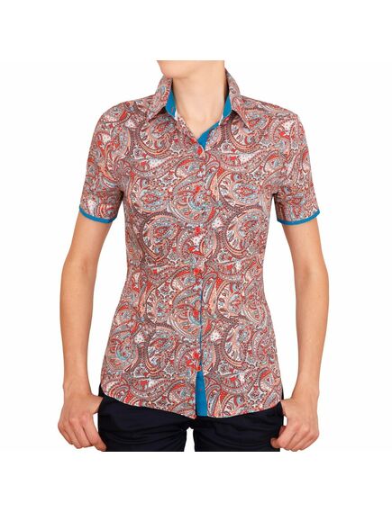 Приталенная женская рубашка с коротким рукавом с узором пейсли красная - 5042 от DoubleCuff 