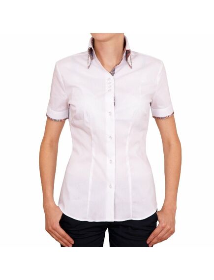 Приталенная женская рубашка с двойным воротом с  коротким рукавом белая - 5049 от DoubleCuff 