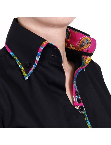 Приталенная женская рубашка под пуговицы с двойным воротом черная - 5026 от DoubleCuff 
