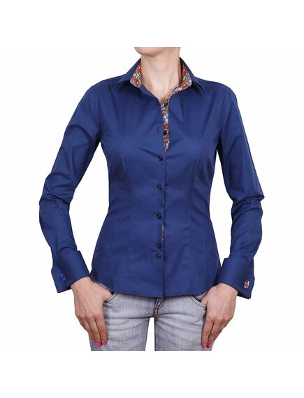 Приталенная женская рубашка под запонку синяя - 5036 от DoubleCuff 