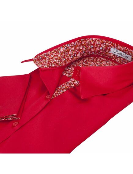 Женская рубашка под запонки красная отделочная ткань узор цветы - 5093 от  