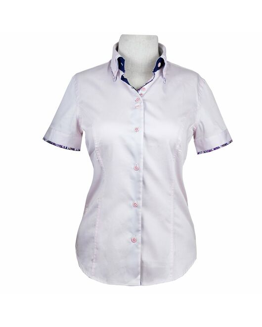 Приталенная женская рубашка на пуговицах с коротким рукавом розовая с двойным воротом - 2047 от Tonelli  Приталенная женская рубашка на пуговицах с коротким рукавом розовая с двойным воротом - 2047 от Tonelli