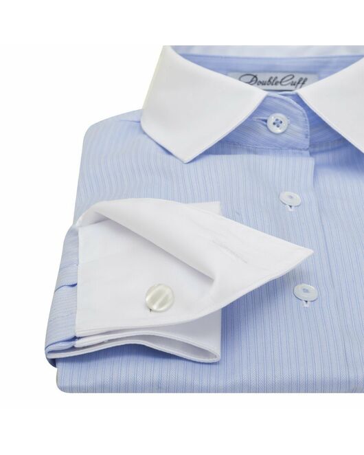 Женская рубашка под запонки голубая с белым воротником и манжетами Non-Iron - 7016 от DoubleCuff 