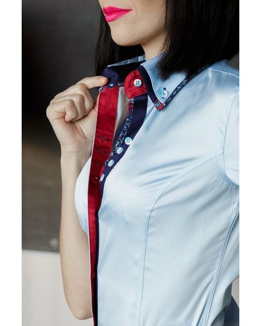 Голубая женская рубашка с коротким рукавом с двойным воротом - 7066 от Tonelli 