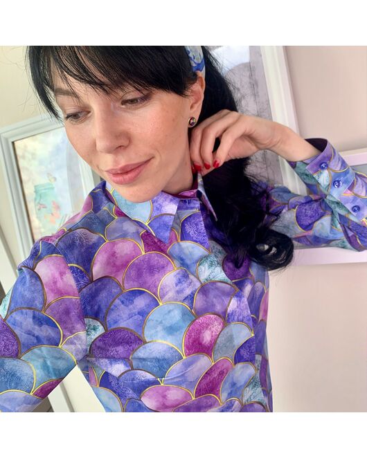 Женская рубашка  принт - яркие шарики, под пуговицы с супатной застежкой полуприталенная - 7814 от Double Cuff 