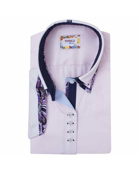 Приталенная женская рубашка на пуговицах с коротким рукавом розовая с двойным воротом - 2047 от Tonelli  Приталенная женская рубашка на пуговицах с коротким рукавом розовая с двойным воротом - 2047 от Tonelli