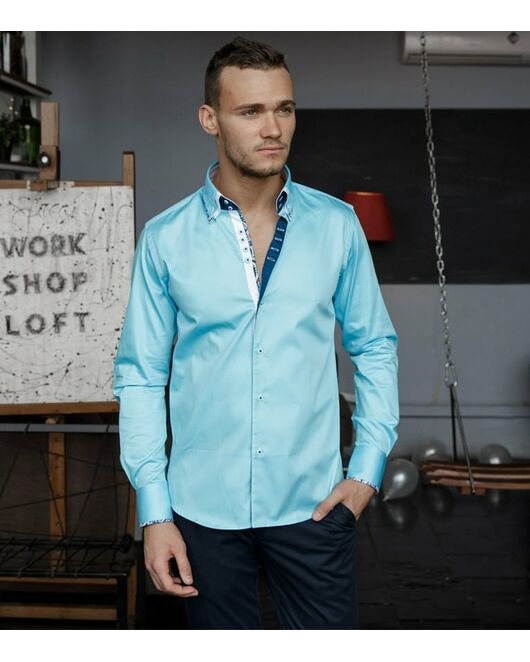 Мужская рубашка бирюзового цвета с двойным воротником - 7074 от Tonelli 