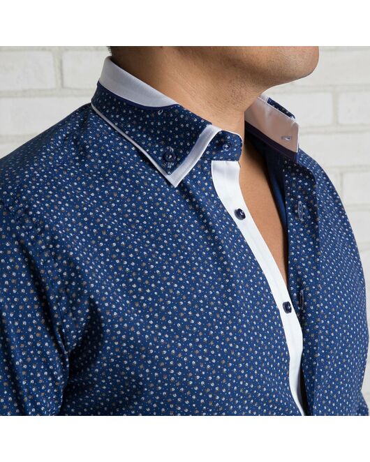 Приталенная мужская рубашка синяя в мелкий рисунок с двойным воротником - 7133 от Makrom 