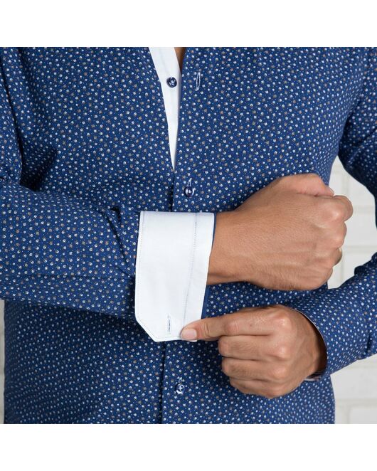 Приталенная мужская рубашка синяя в мелкий рисунок с двойным воротником - 7133 от Makrom 
