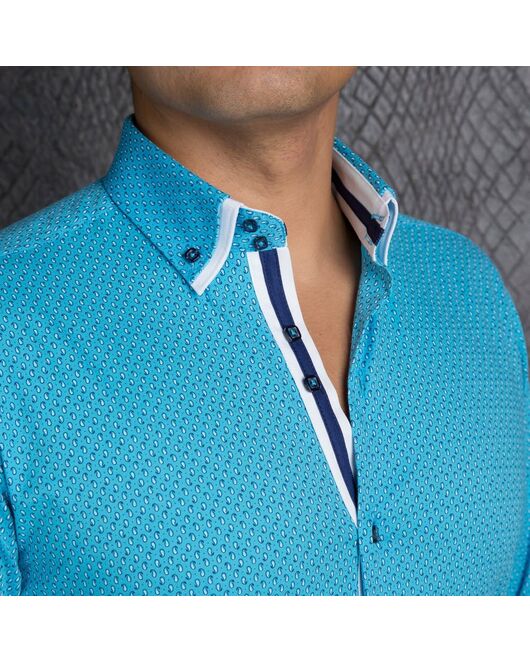 Приталенная мужская рубашка бирюзовая в мелкий рисунок с двойным воротником - 7134 от Makrom 