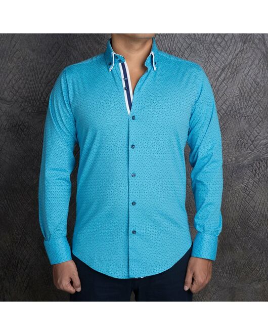 Приталенная мужская рубашка бирюзовая в мелкий рисунок с двойным воротником - 7134 от Makrom 
