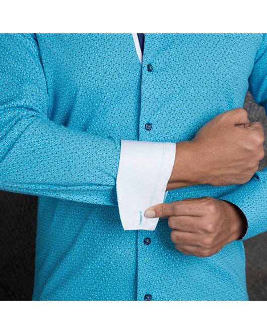Приталенная мужская рубашка бирюзовая в мелкий рисунок с двойным воротником - 7134 от Makrom 