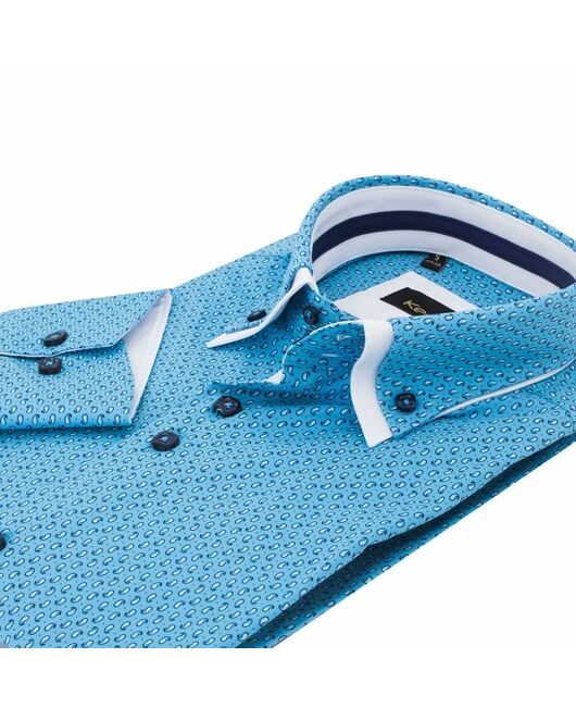 Приталенная мужская рубашка бирюзовая в мелкий рисунок с двойным воротником - 7134 от Makrom 