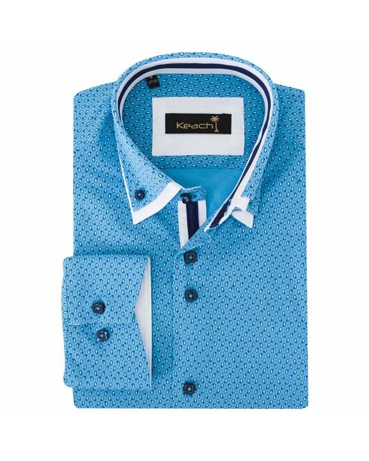 Приталенная мужская рубашка бирюзовая в мелкий рисунок с двойным воротником - 7134 от Makrom 