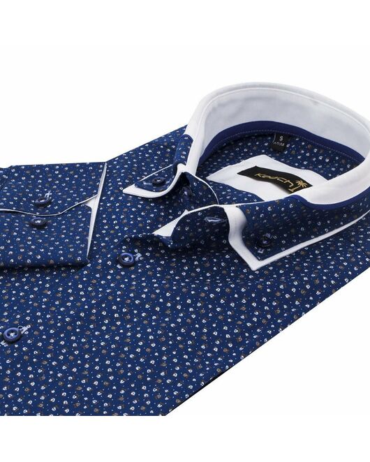 Приталенная мужская рубашка синяя в мелкий рисунок с двойным воротником - 7133 от Makrom 