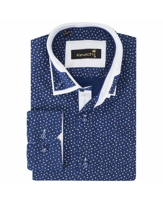 Приталенная мужская рубашка синяя в мелкий рисунок с двойным воротником - 7133 от Makrom 