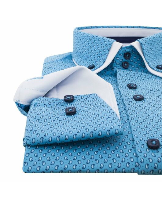 Приталенная мужская рубашка бирюзовая в мелкий рисунок с двойным воротником - 7134 от Makrom 