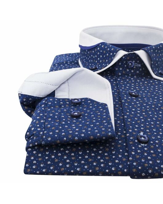 Приталенная мужская рубашка синяя в мелкий рисунок с двойным воротником - 7133 от Makrom 