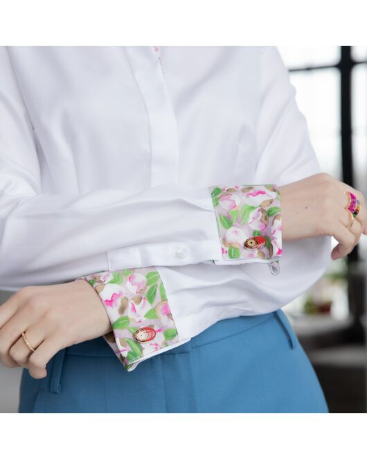 Женская рубашка под запонку белая с супатной застежкой с отделкой - 7878 от byME 