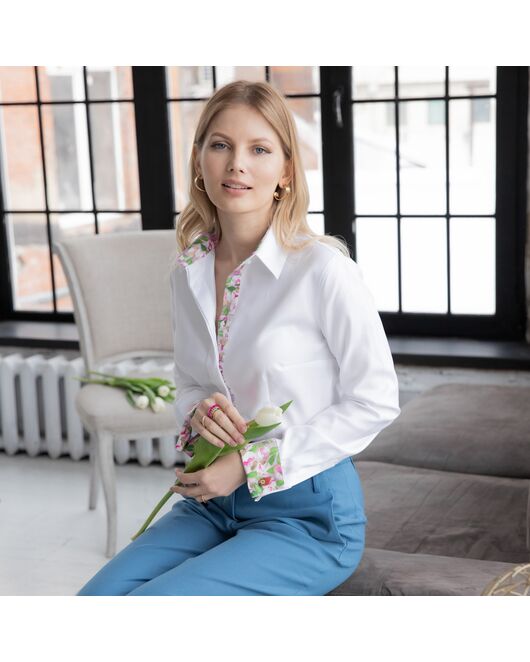 Женская рубашка под запонку белая с супатной застежкой с отделкой - 7878 от byME 