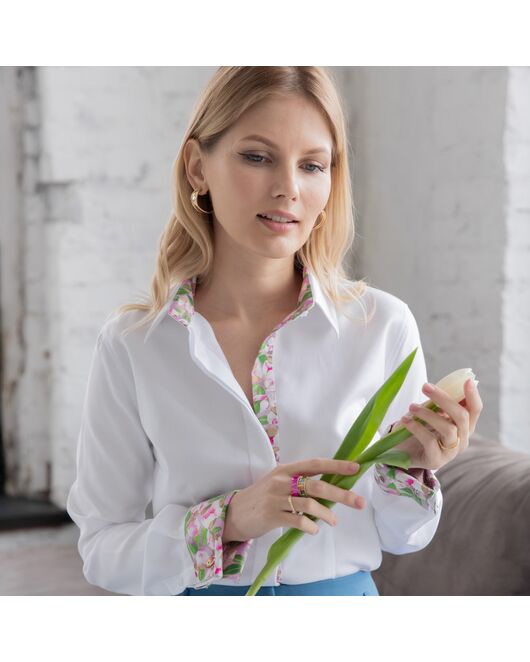 Женская рубашка под запонку белая с супатной застежкой с отделкой - 7878 от byME 