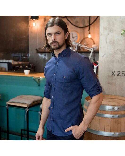 Приталенная мужская рубашка льняная синяя - 7241 от Tonelli 