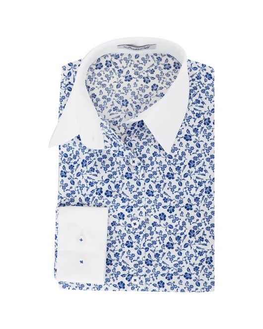 Рубашка женская в мелкий цветочек с белыми манжетами и воротником - 7154 от  