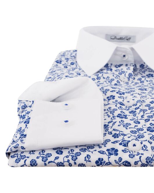 Рубашка женская в мелкий цветочек с белыми манжетами и воротником - 7154 от  