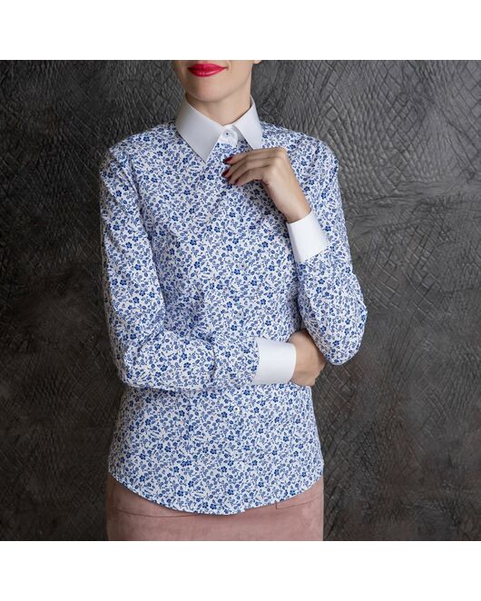 Рубашка женская в мелкий цветочек с белыми манжетами и воротником - 7154 от  