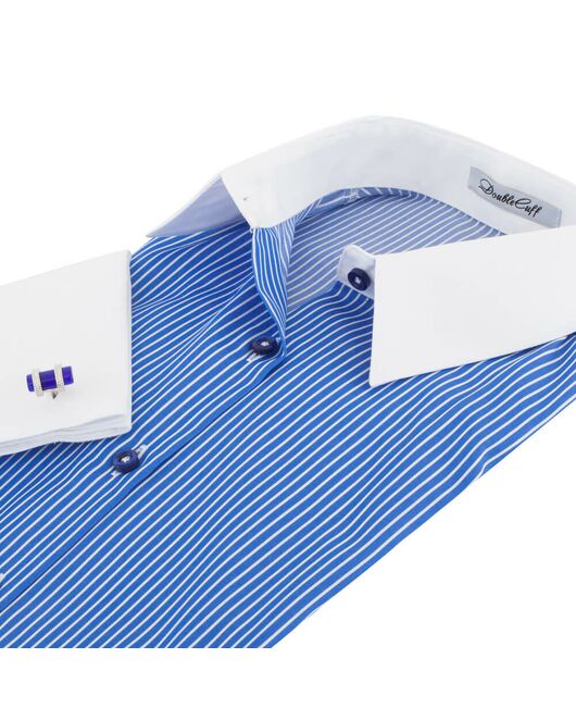 Рубашка женская под запонки сине-голубая в полоску - 7161 от DoubleCuff  Рубашка женская под запонки сине-голубая в полоску - 7161 от DoubleCuff