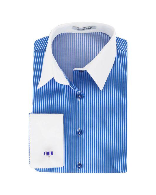 Рубашка женская под запонки сине-голубая в полоску - 7161 от DoubleCuff  Рубашка женская под запонки сине-голубая в полоску - 7161 от DoubleCuff