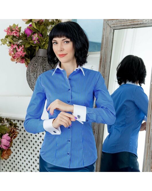 Рубашка женская под запонки сине-голубая в полоску - 7161 от DoubleCuff  Рубашка женская под запонки сине-голубая в полоску - 7161 от DoubleCuff