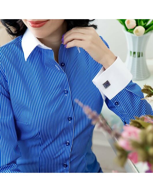 Рубашка женская под запонки сине-голубая в полоску - 7161 от DoubleCuff  Рубашка женская под запонки сине-голубая в полоску - 7161 от DoubleCuff