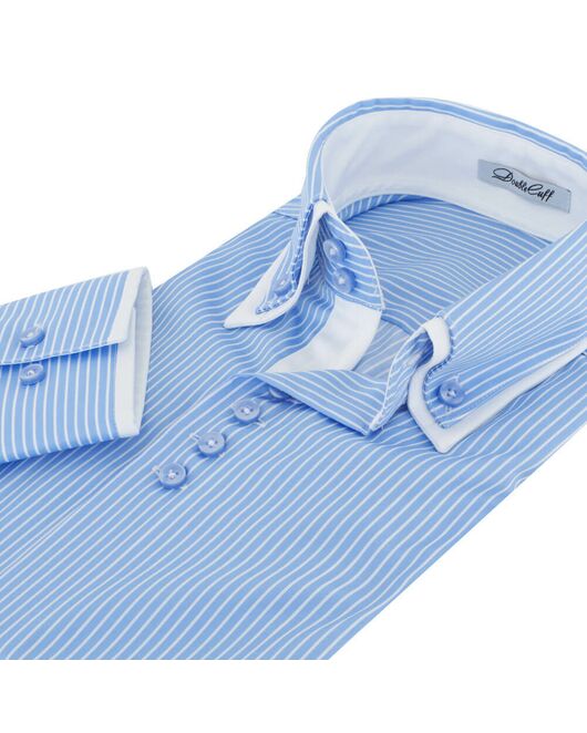 Приталенная мужская рубашка под пуговицы в голубую полоску с двойным воротником - 7172 от DoubleCuff 