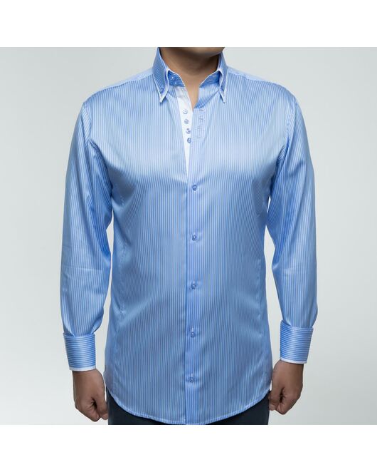 Приталенная мужская рубашка под пуговицы в голубую полоску с двойным воротником - 7172 от DoubleCuff 