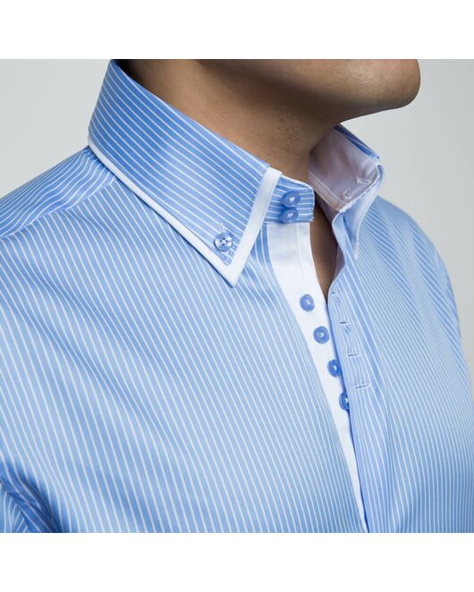 Приталенная мужская рубашка под пуговицы в голубую полоску с двойным воротником - 7172 от DoubleCuff 