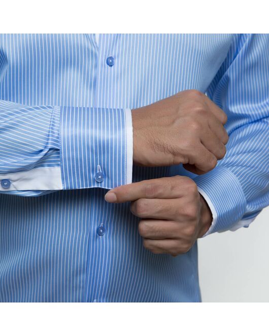 Приталенная мужская рубашка под пуговицы в голубую полоску с двойным воротником - 7172 от DoubleCuff 