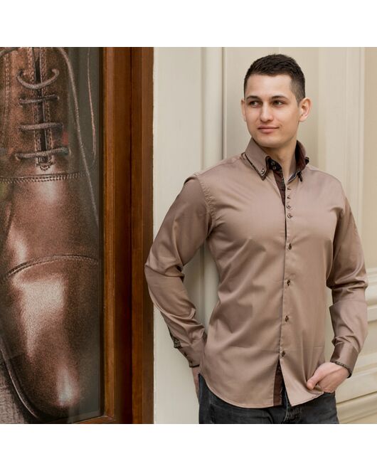 Мужская рубашка под пуговицы коричневого цвета  - 7198 Classic Fit от Tonelli 