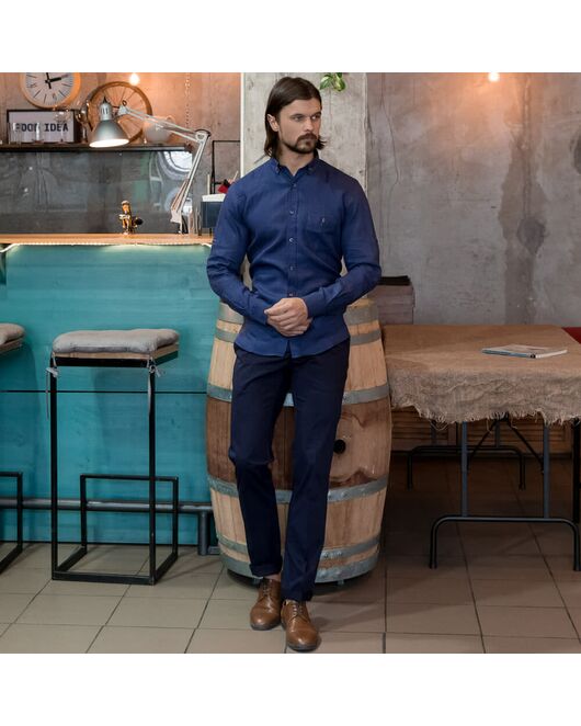 Приталенная мужская рубашка льняная синяя - 7241 от Tonelli 