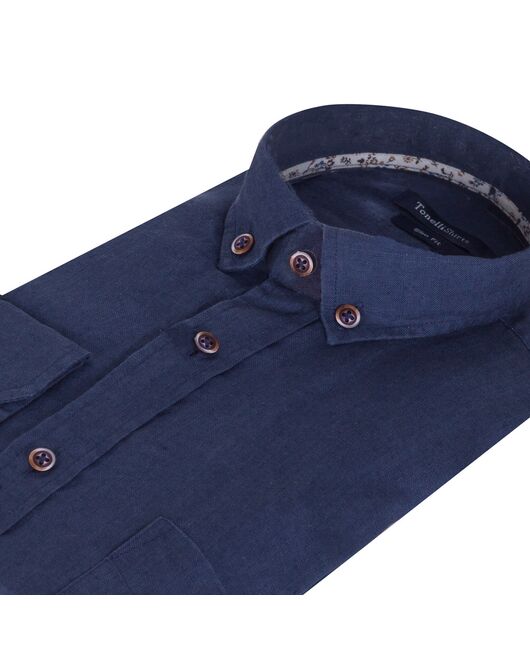 Приталенная мужская рубашка льняная синяя - 7241 от Tonelli 