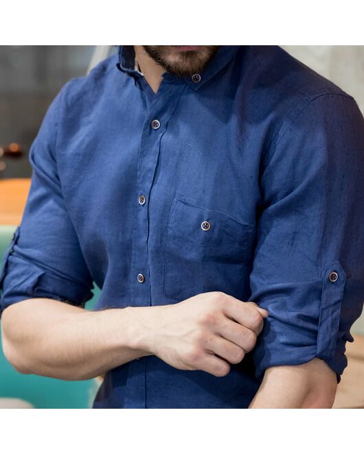 Приталенная мужская рубашка льняная синяя - 7241 от Tonelli 