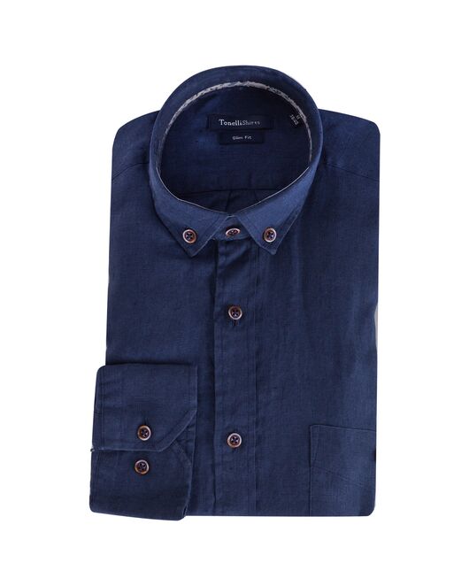 Приталенная мужская рубашка льняная синяя - 7241 от Tonelli 