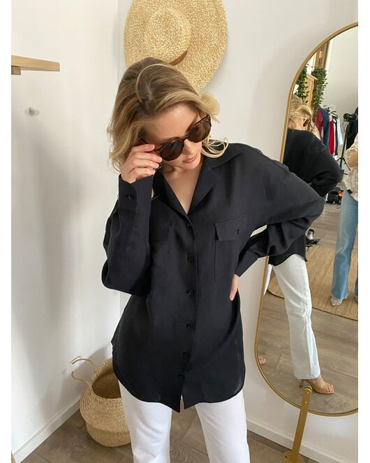 Женская льняная рубашка в оверсайз силуэте чёрная - 7961 от  