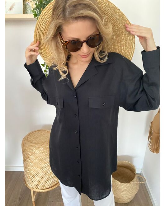 Женская льняная рубашка в оверсайз силуэте чёрная - 7961 от  