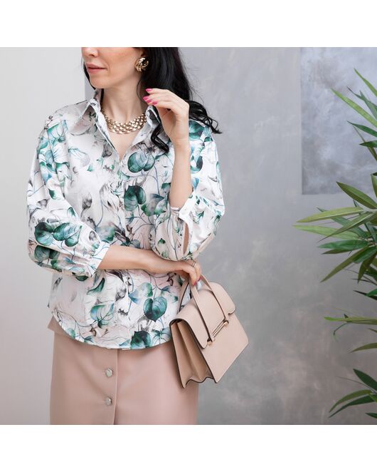 Блузка объемный рукав три четверти зеленый узор - 7964 от byME 