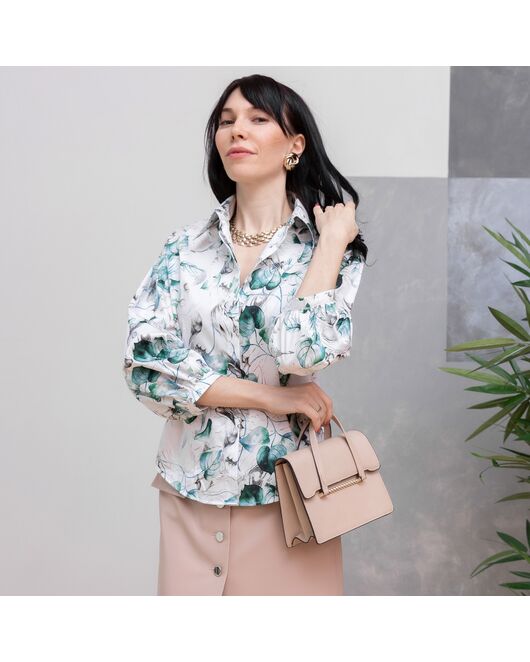 Блузка объемный рукав три четверти зеленый узор - 7964 от byME 