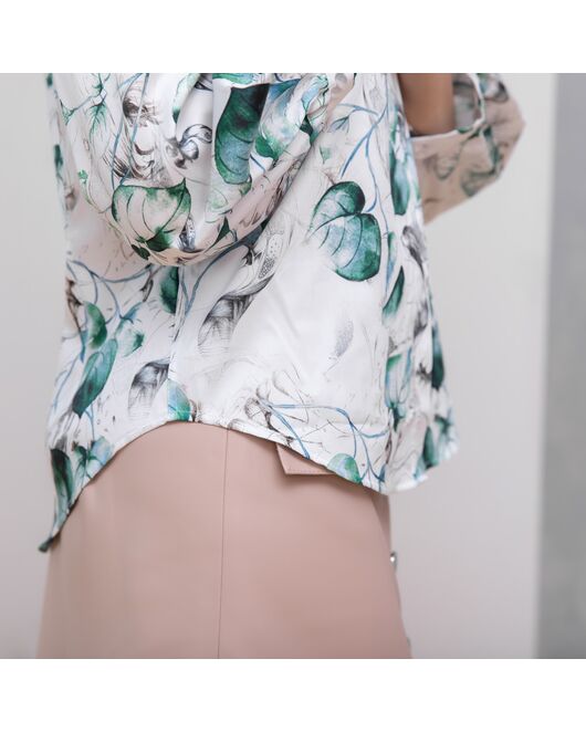 Блузка объемный рукав три четверти зеленый узор - 7964 от byME 